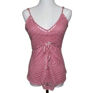 Vintage JJ Forever Pink Crochet Lace Babydoll Cami Top Beaded Ribbon L Y2K Fairy